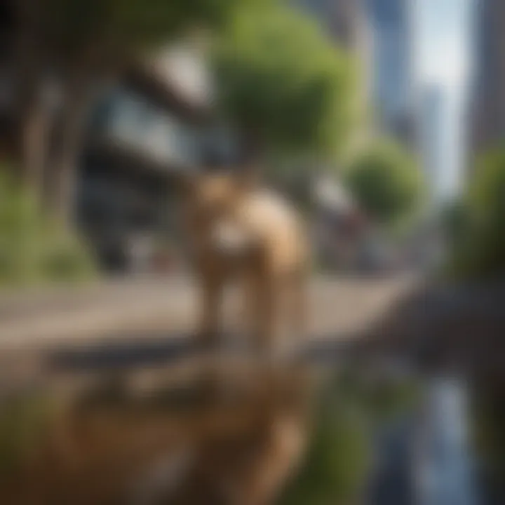 A vibrant urban landscape juxtaposed with a serene natural habitat, highlighting the impact of urbanization on wildlife.