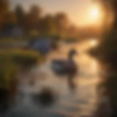 Majestic waterfowl gliding on a tranquil pond at sunset