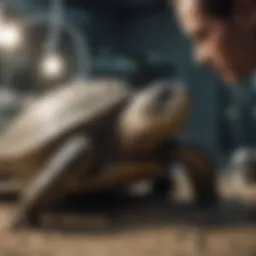 Marine veterinarian examining sea turtle