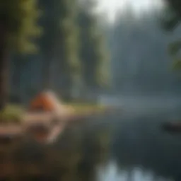 A serene campsite surrounded by towering trees and a calm lake.