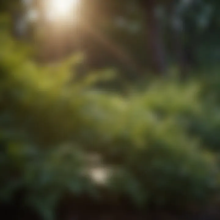 Close-up of bush foliage showcasing sunlight interaction