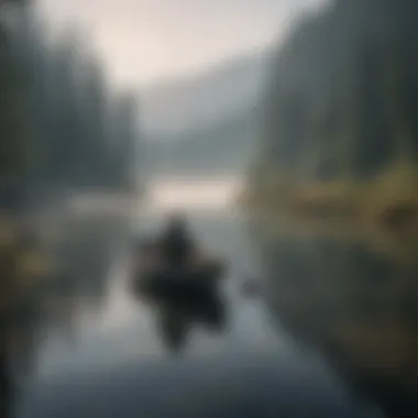 Fisherman in a small boat surrounded by misty morning fog on a peaceful lake