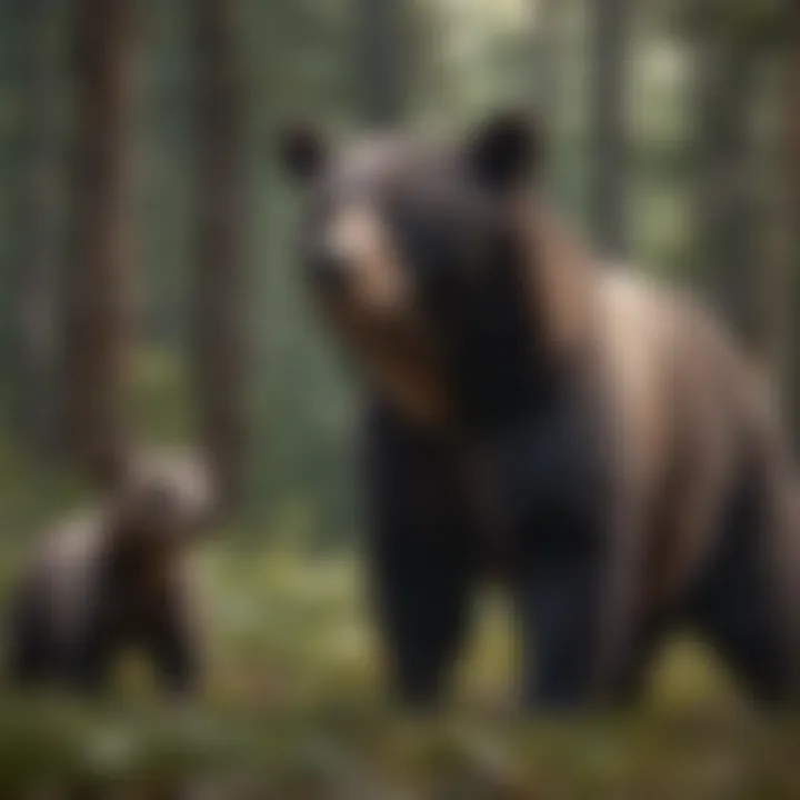 Black bear mother with her playful cubs