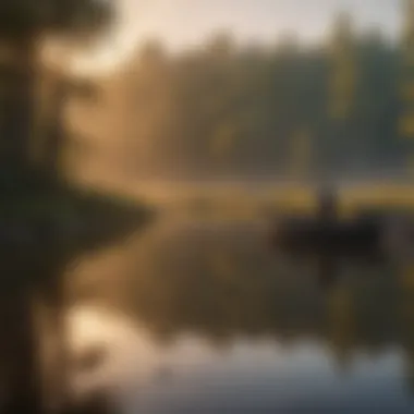 A scenic view of a tranquil lake at dawn, perfect for fishing