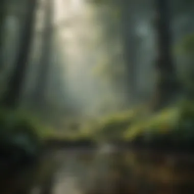 Mysterious forest steam dancing around lush vegetation