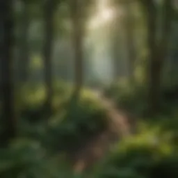 Aerial view of lush green forest canopy with sunlight filtering through