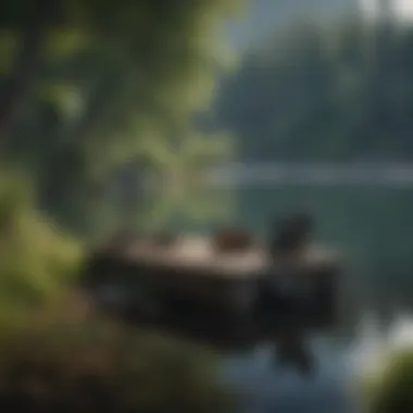 Serene Lake Landscape with Fishing Gear A serene lake landscape with fishing gear