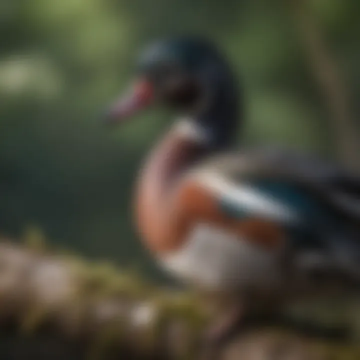 A close-up of a wood duck perched on a branch