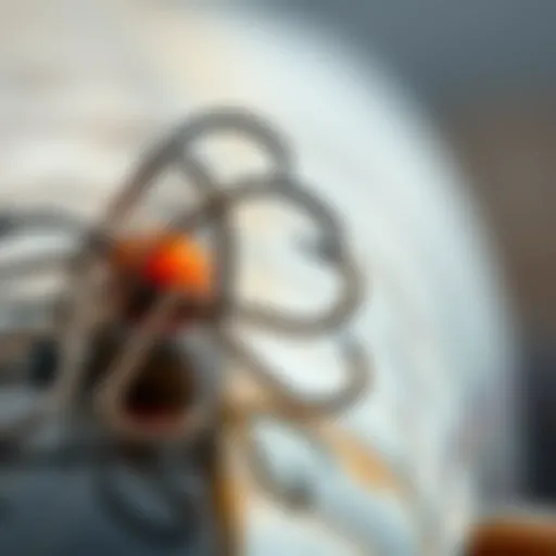 Close-up view of various striped bass hooks