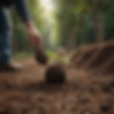 Rich soil being prepared for planting fruit trees with meticulous care