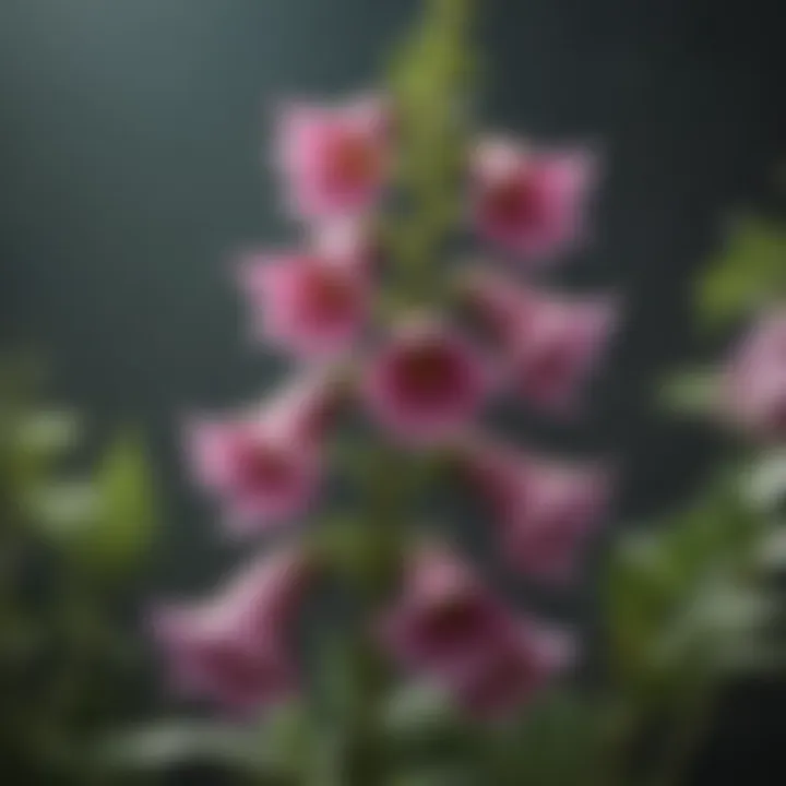 Detailed view of the toxic foliage of the foxglove plant, highlighting its unique flower structure.