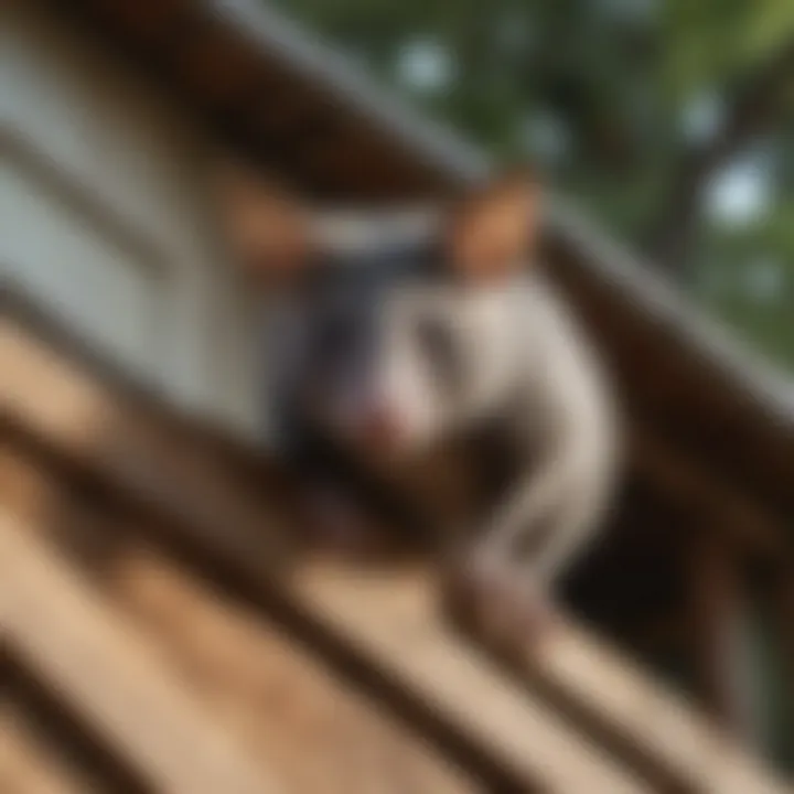 A possum peering from a roof eave, highlighting common entry points in homes.