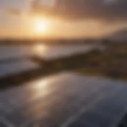 Sunset over solar panels generating renewable energy