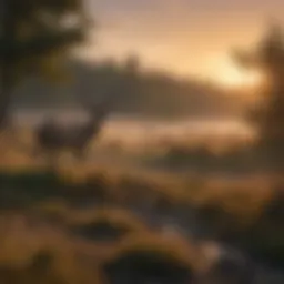 A serene landscape of a public hunting ground at dawn, showcasing diverse wildlife.