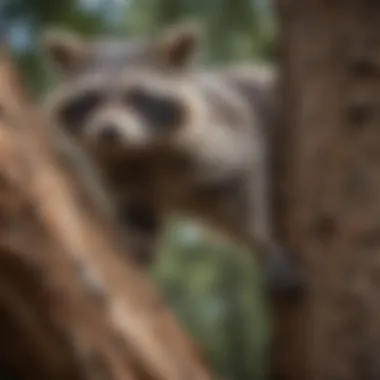 Raccoon gracefully descending tree trunk