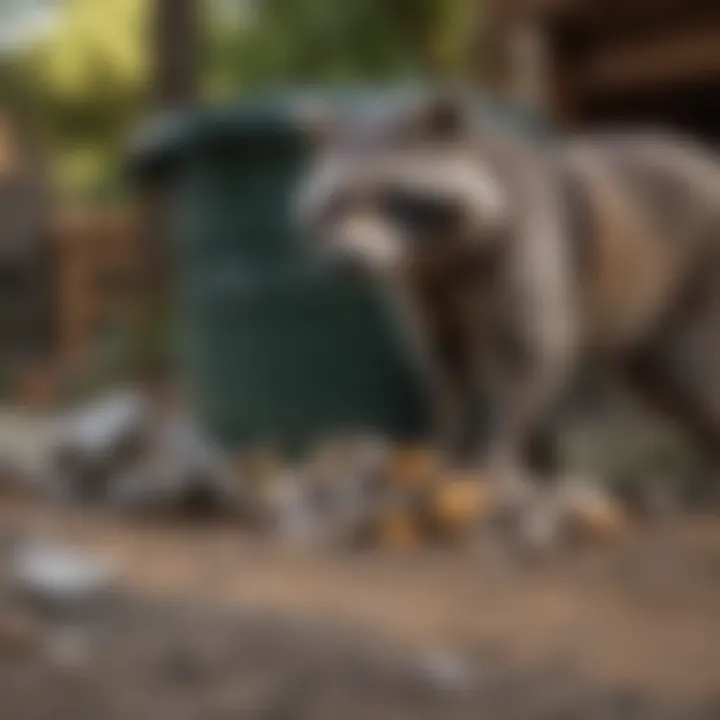 Raccoon exploring a trash can for potential meals