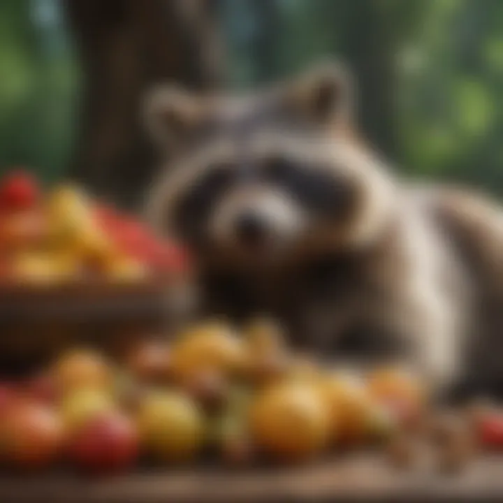 Raccoon feasting on a variety of fruits and nuts