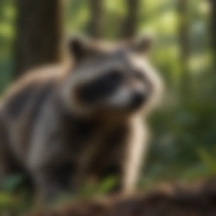 Raccoon foraging in a lush forest setting