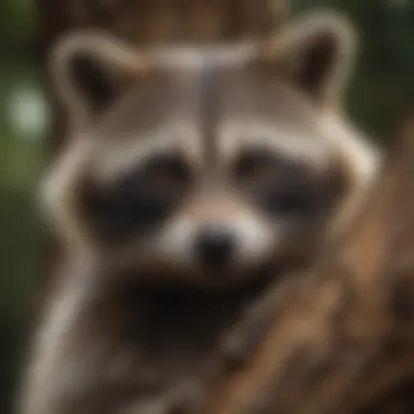 Close-up of raccoon's masked face in tree