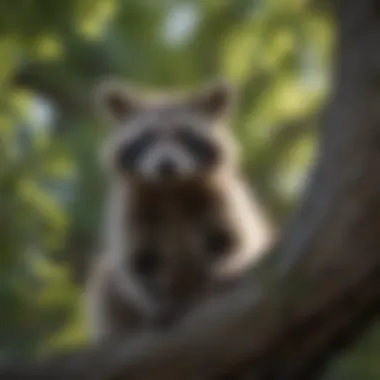 Curious raccoon gazing from tree branches