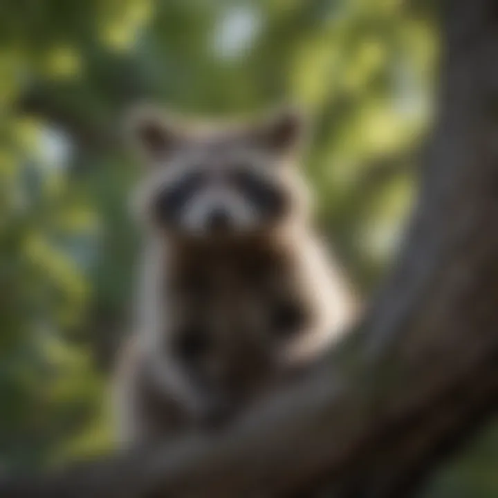 Curious raccoon gazing from tree branches