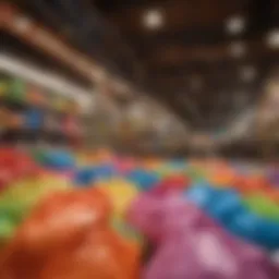 An array of colorful recycled plastic bags displayed in a retail setting.