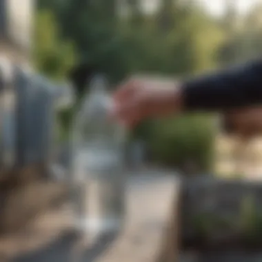 Person refilling a labeled gallon water bottle at a water station