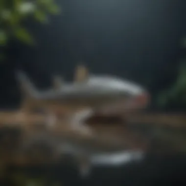 Reflection of a catfish in calm, glassy water surface