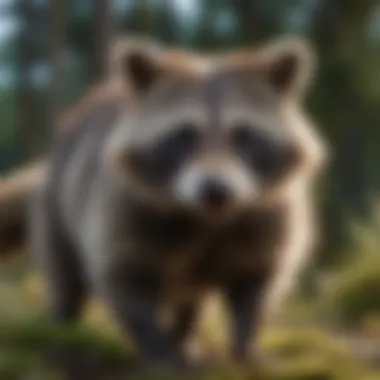 Close-up of a rehabilitated raccoon exploring its surroundings