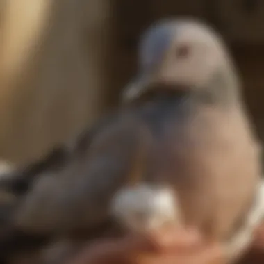 Close-up of injured dove receiving gentle care