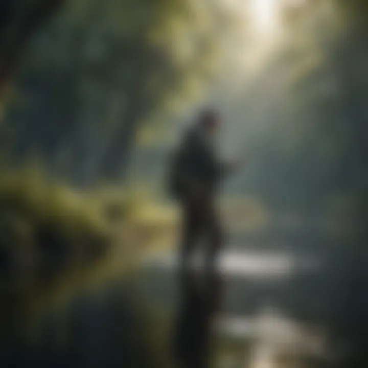 An angler casting a fishing rod in a serene water environment.