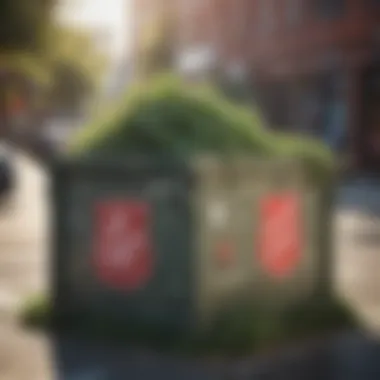 Salvation Army dumpster integrated into urban landscape with greenery