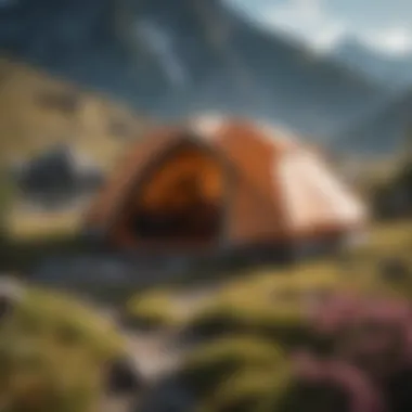 Serene Mountain Tent Tent pitched against a backdrop of serene mountain landscape