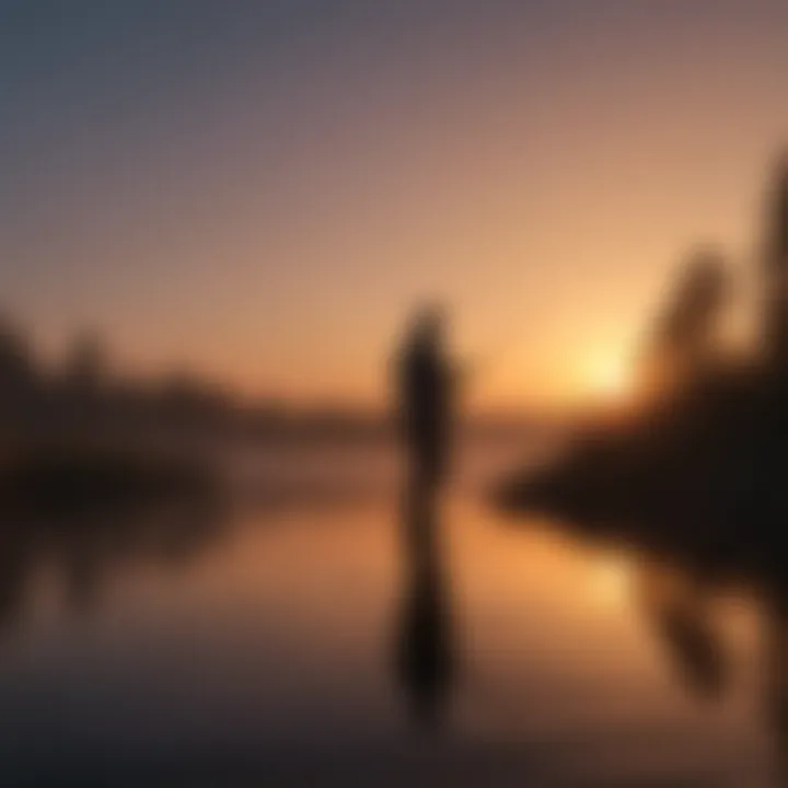 Silhouette of angler casting line at dusk for catfish