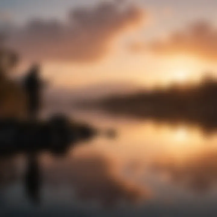 Silhouette of angler casting a line at sunset