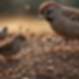 A close-up view of sparrows foraging on the ground, examining different seeds.