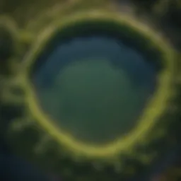 An aerial view of a well-constructed stock pond surrounded by lush greenery.