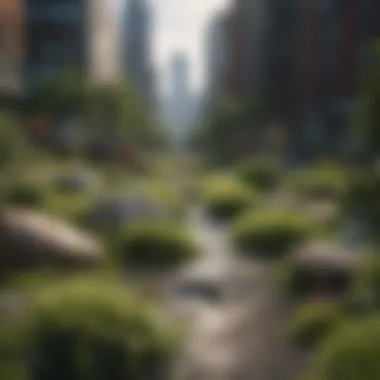 A cityscape with green rooftops and urban gardens