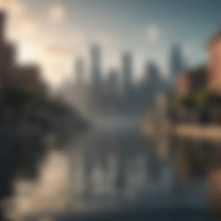 City skyline submerged in rising sea levels