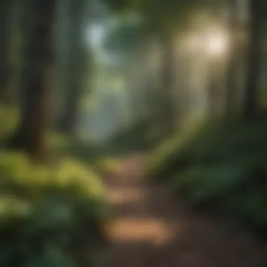 Sun-dappled forest path with lush greenery