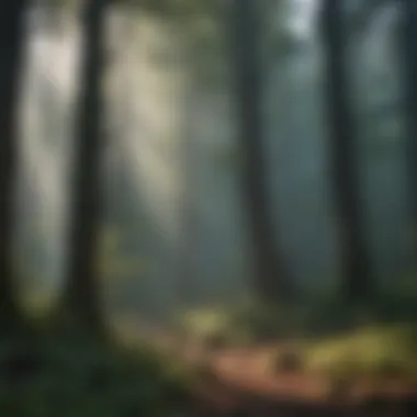 Sunlight filtering through dense forest mist