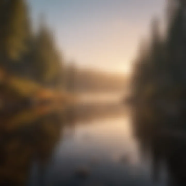 Sunset over a tranquil lake surrounded by forests