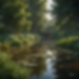 A serene pond surrounded by lush vegetation