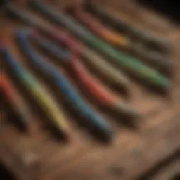 An array of vibrant fishing lures arranged artistically on a wooden table