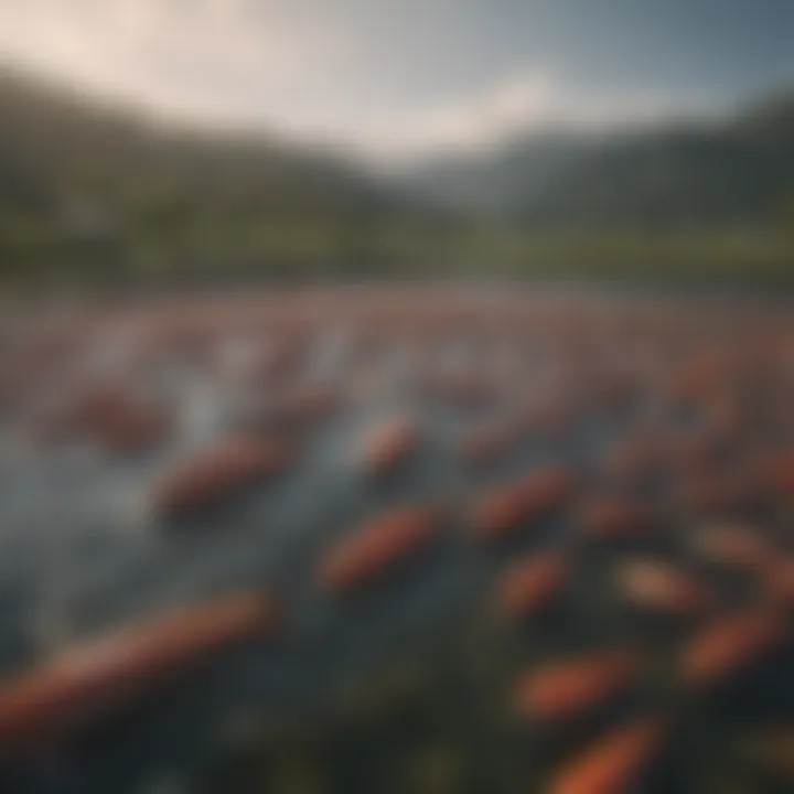 Scenic landscape of a salmon farm surrounded by nature