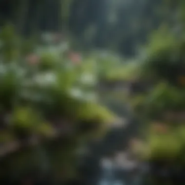 Close-up of various aquatic plants suitable for pond environments.