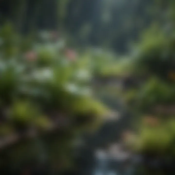 Close-up of various aquatic plants suitable for pond environments.