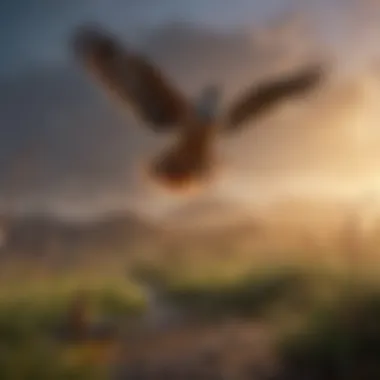 Birds as Vital Contributors to Ecosystems Birds in flight over a serene landscape, illustrating their role in the ecosystem.