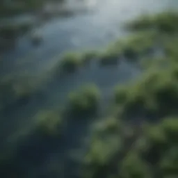 Close-up view of blue-green algae in a pond