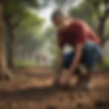 An illustration of conservation efforts with individuals planting saplings in a community.